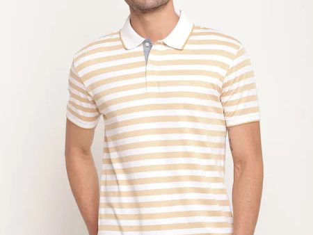 Octave Men Yellow  White Striped Polo Collar Pure Cotton T-Shirt Discount