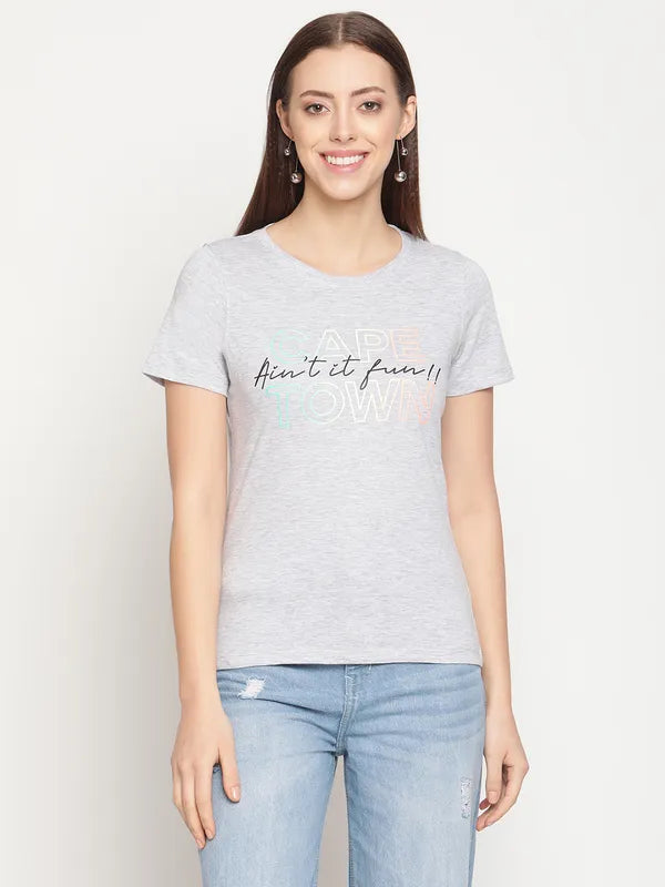 Mettle Women Grey Typography Printed Cotton T-Shirt Sale