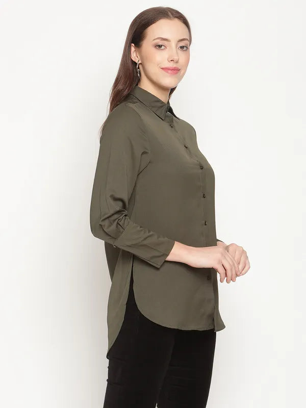 Mettle Women Olive Green Cotton Casual Shirt Supply