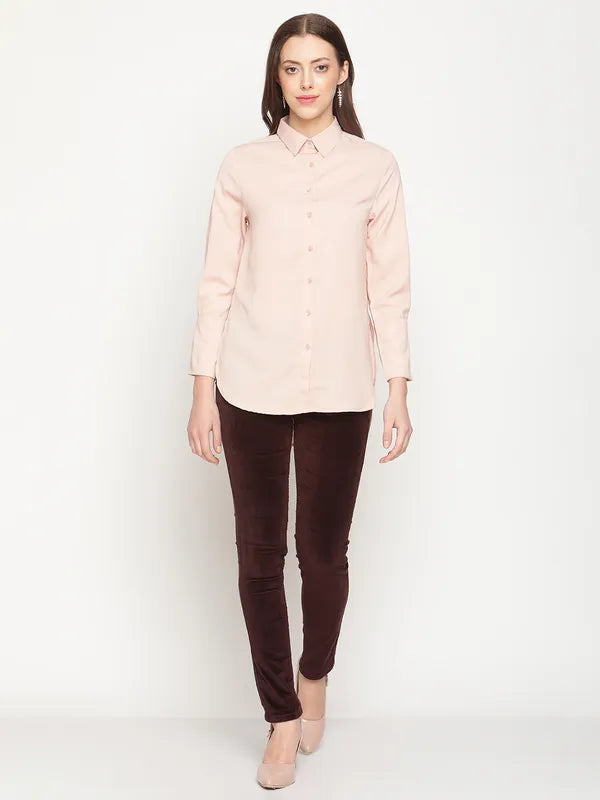 Mettle Women Peach Solid Cotton Casual Shirt Online