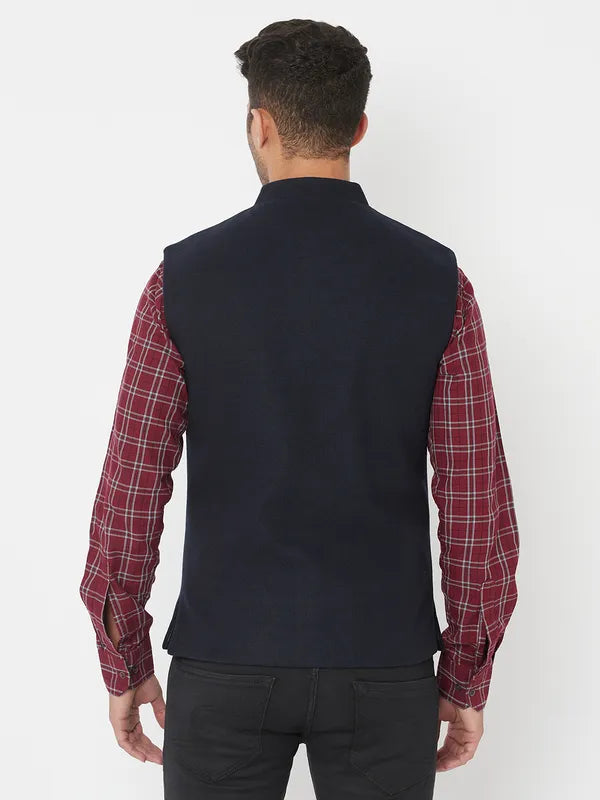 Navy Blue Solid Sleeveless Waistcoat For Cheap