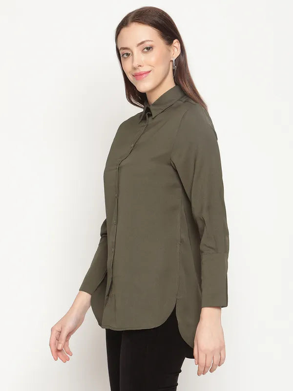 Mettle Women Olive Green Cotton Casual Shirt Supply