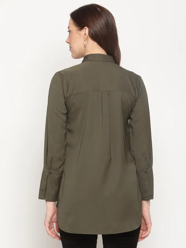 Mettle Women Olive Green Cotton Casual Shirt Supply