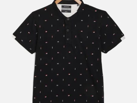 Octave Boys Navy Blue Printed Mandarin Collar Cotton T-Shirt Supply