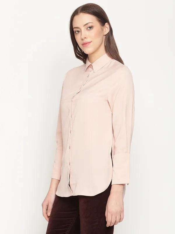 Mettle Women Peach Solid Cotton Casual Shirt Online