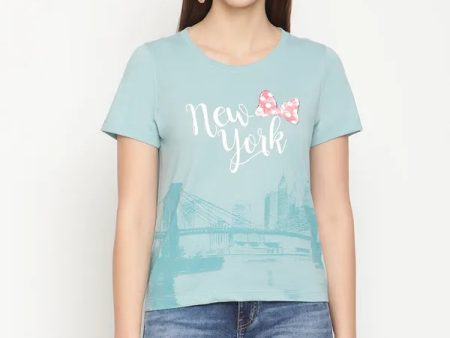 Mettle Women Turquoise Blue Typography Printed Cotton T-Shirt Sale