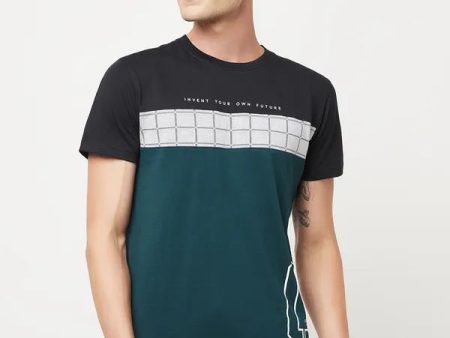 Octave Men Black  Teal Colourblocked T-Shirt Online now