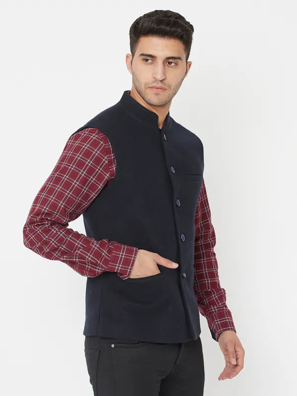 Navy Blue Solid Sleeveless Waistcoat For Cheap