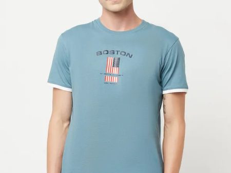 Octave Men Blue  Red Printed Cotton Round Neck T-Shirt Online