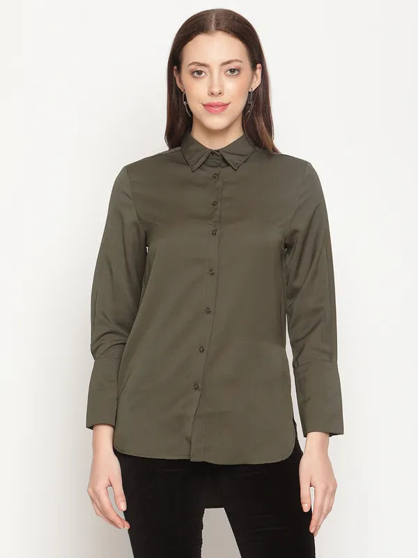 Mettle Women Olive Green Cotton Casual Shirt Supply