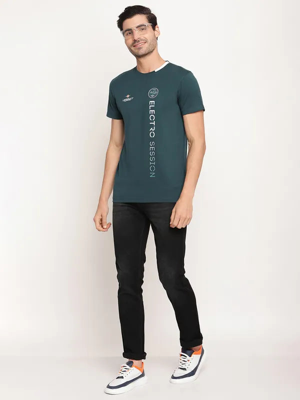 Octave Men Teal Typography Printed Cotton T-Shirt For Sale