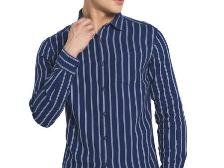 Mettle Men Blue  White Striped Cotton Casual Shirt on Sale