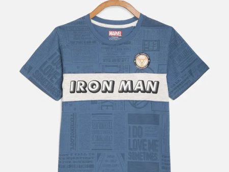 Octave Boys Blue Typography Iron Man Printed Cotton T-Shirt Discount