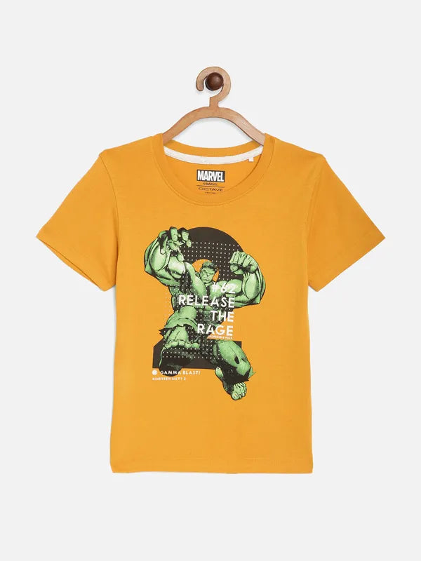 Octave Boys Mustard Yellow Hulk Printed Cotton T-Shirt For Sale