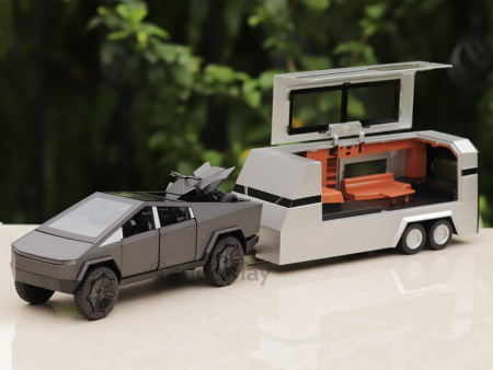 Diecast Resembling Tesla Cybertruck Pull Back Car with Trailer | Light & Sound | 1:32 Scale Model | Assorted Colours For Sale