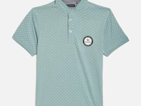 Octave Boys Teal Printed Mandarin Collar Cotton T-Shirt For Sale