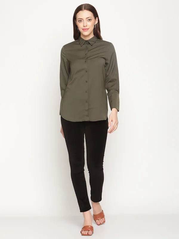 Mettle Women Olive Green Cotton Casual Shirt Supply